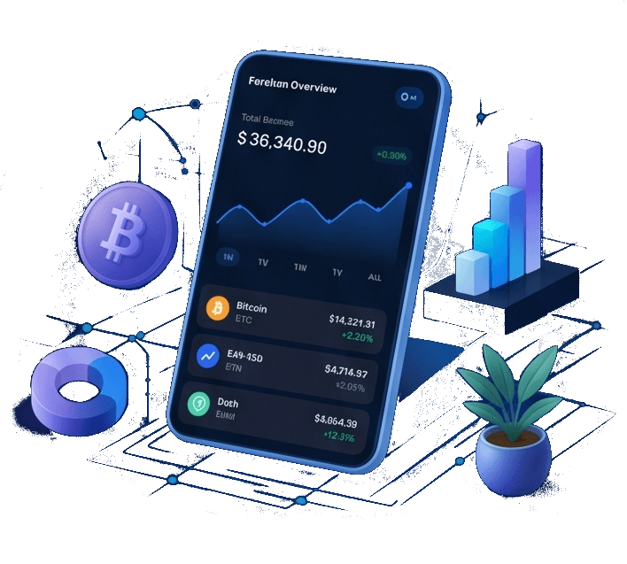 Financial dashboard and Bitcoin illustration