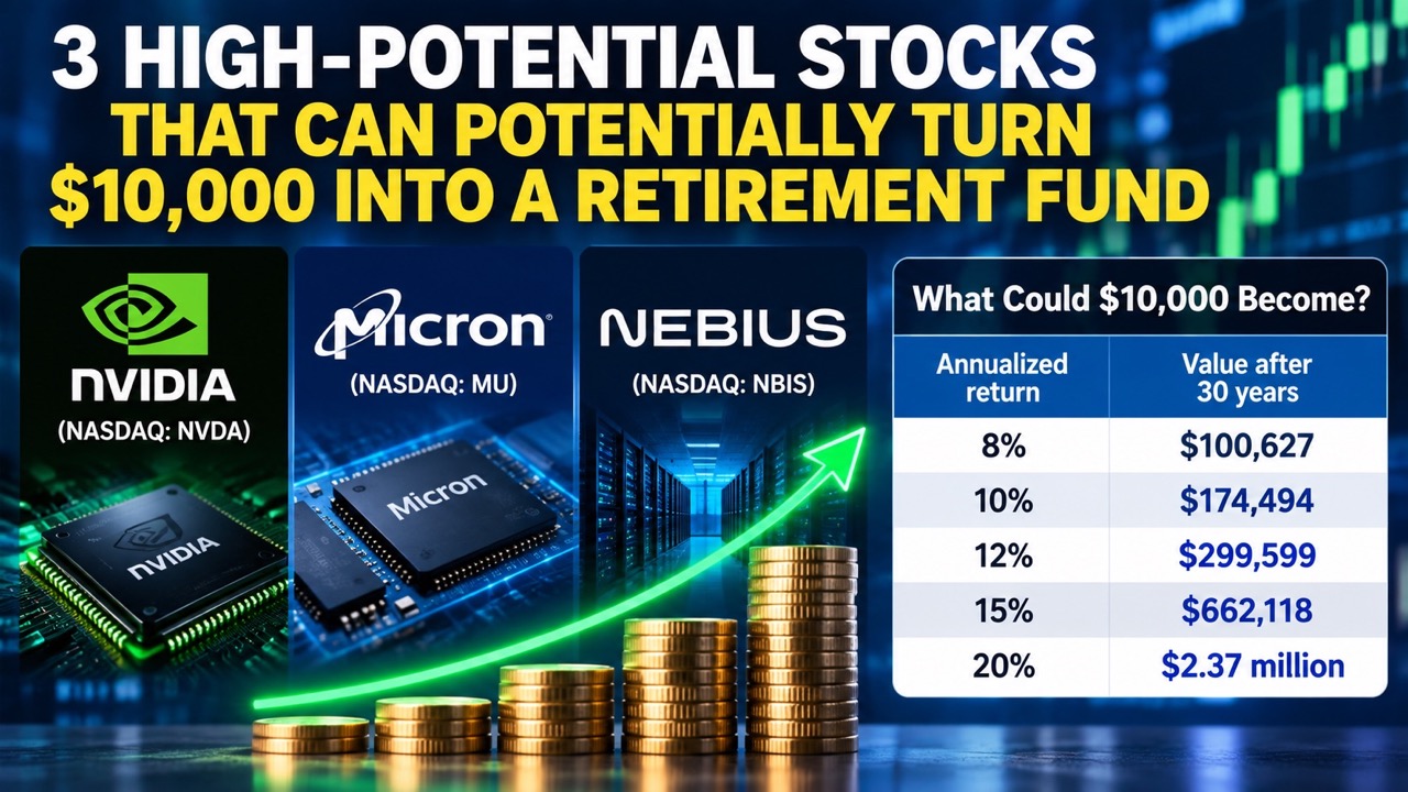 3 stocks for $10,000 chart illustrating what $10,000 in stocks could turn into at different annualized returns