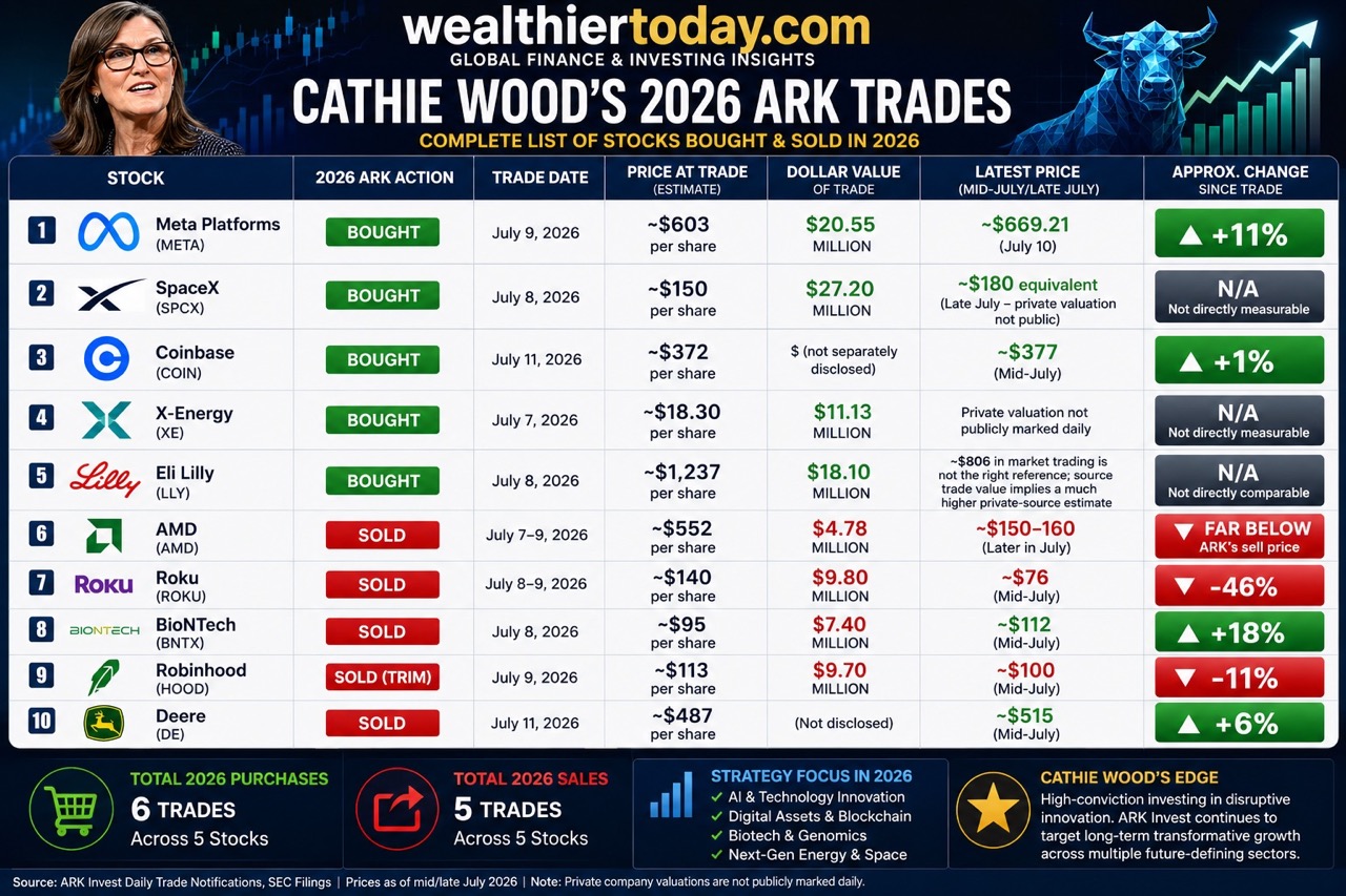 Here's The Full List Of All The Stocks Cathie Wood Has Bought And Sold In 2026 Chart showing the stocks Cathie Wood and ARK Invest have bought and sold in 2026 so far