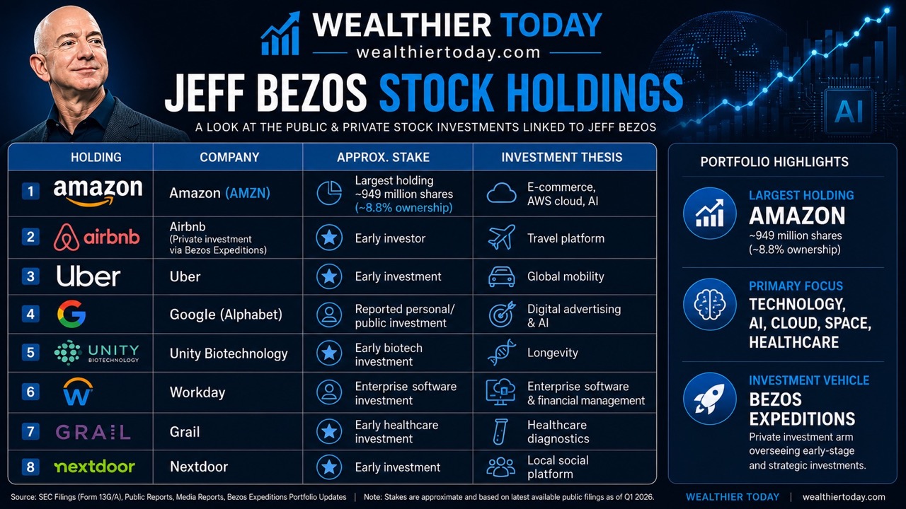 Every Stock Jeff Bezos Has Bought And How They've Performed Chart showing all Jeff Bezos stocks and how they're performed