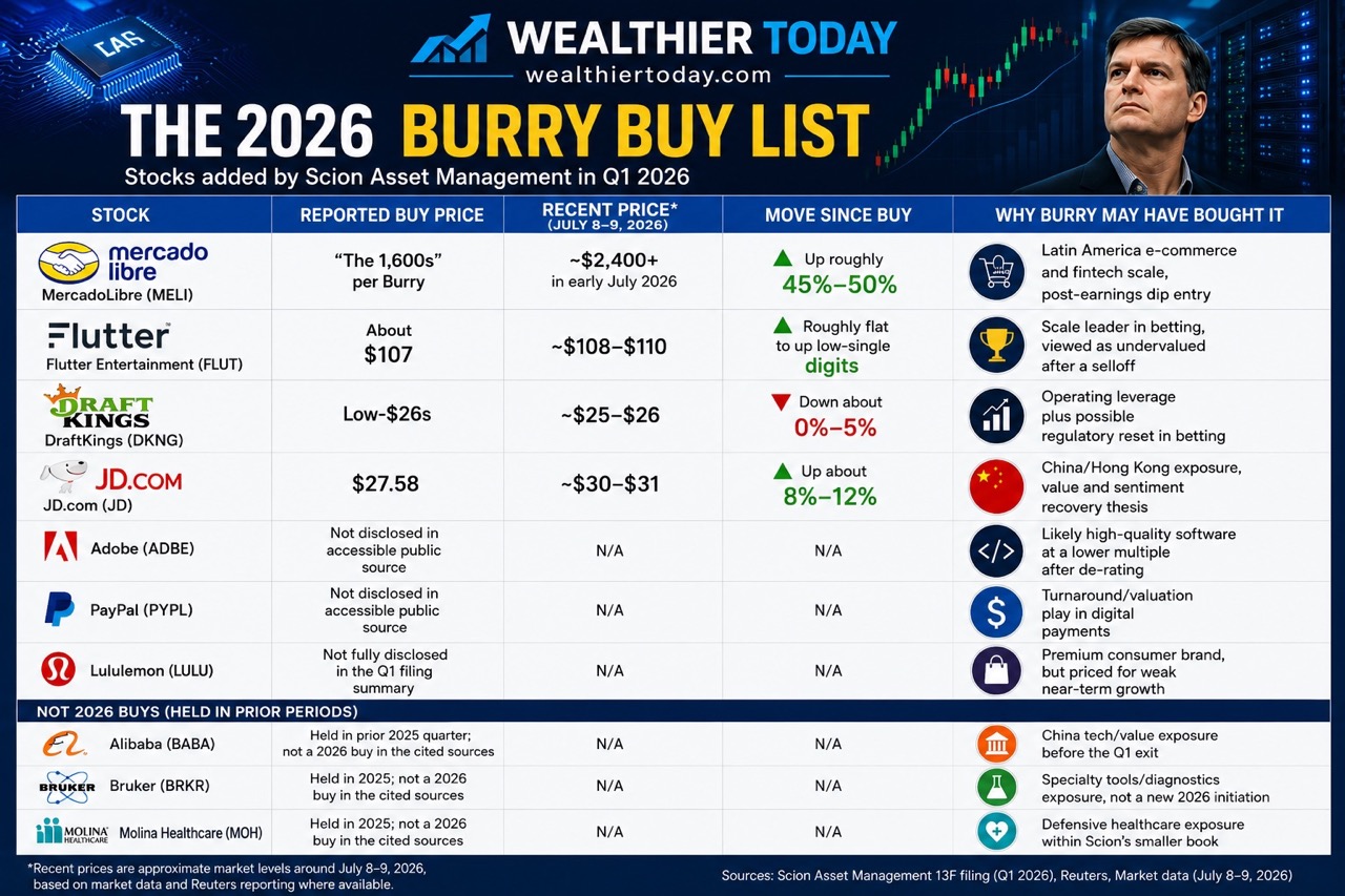 Here's Every Stock The Big Short's Michael Burry Has Bought In 2026 Chart showing a list of stocks Michael Burry and Scion Asset Management bought in 2026, as well as a list of stocks held prior to the year.