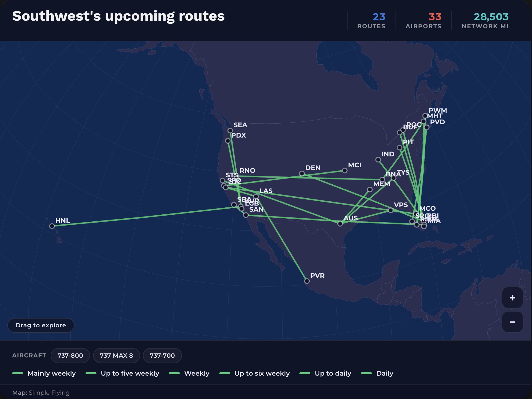 Southwest Airlines news Picture from Simple Flying showing the new Southwest Airlines routes