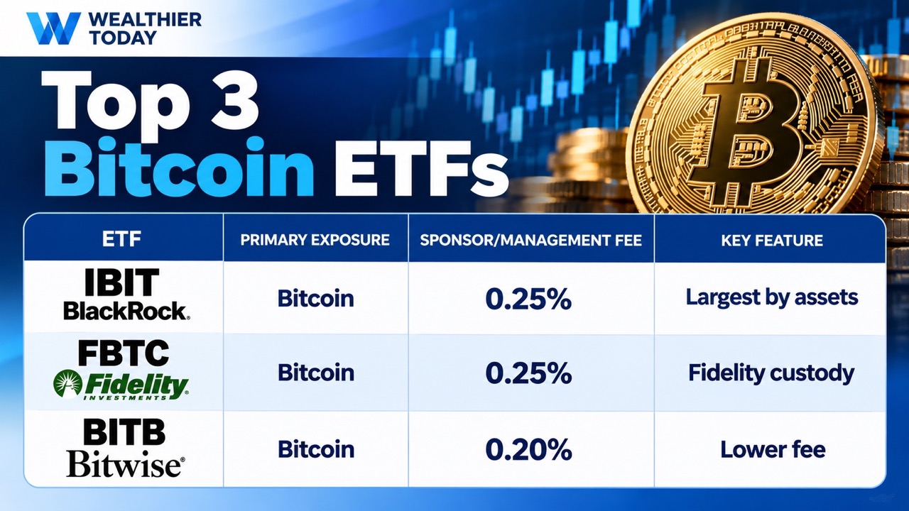 Top 3 Bitcoin and crypto ETFs to consoder Chart showing top 3 Bitcoin and crypto ETFs to consoder
