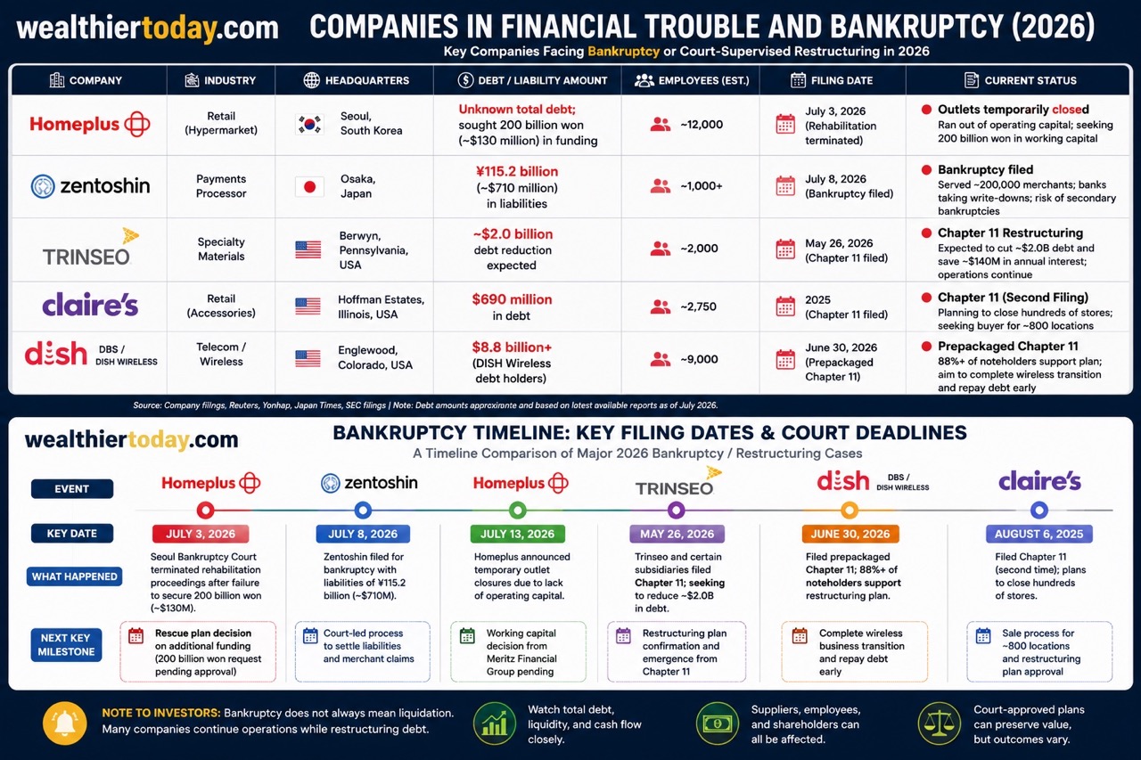 Top Companies You Didn't Know Are In Financial Trouble And Filing For Bankruptcy Chart showing showing the companies facing bankruptcy and financial trouble; their debt/liability amounts, and current status.